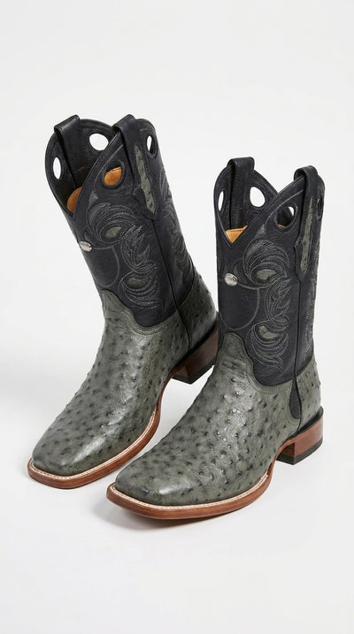 Los Altos Men’s Gray Genuine Ostrich Cowboy Boots – Square Toe Exotic Western Boots