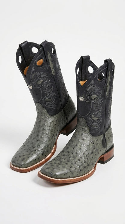 Los Altos Men’s Gray Genuine Ostrich Cowboy Boots – Square Toe Exotic Western Boots