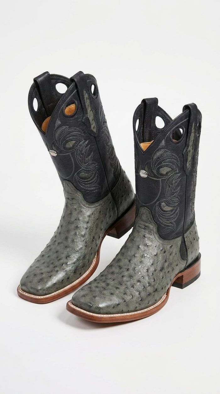 Los Altos Men’s Gray Genuine Ostrich Cowboy Boots – Square Toe Exotic Western Boots