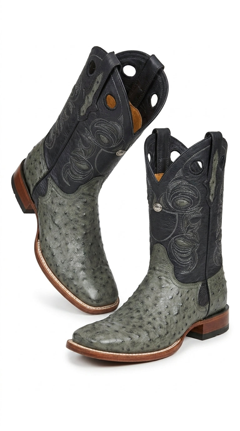 Los Altos Men’s Gray Genuine Ostrich Cowboy Boots – Square Toe Exotic Western Boots