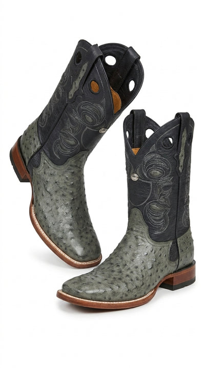 Los Altos Men’s Gray Genuine Ostrich Cowboy Boots – Square Toe Exotic Western Boots