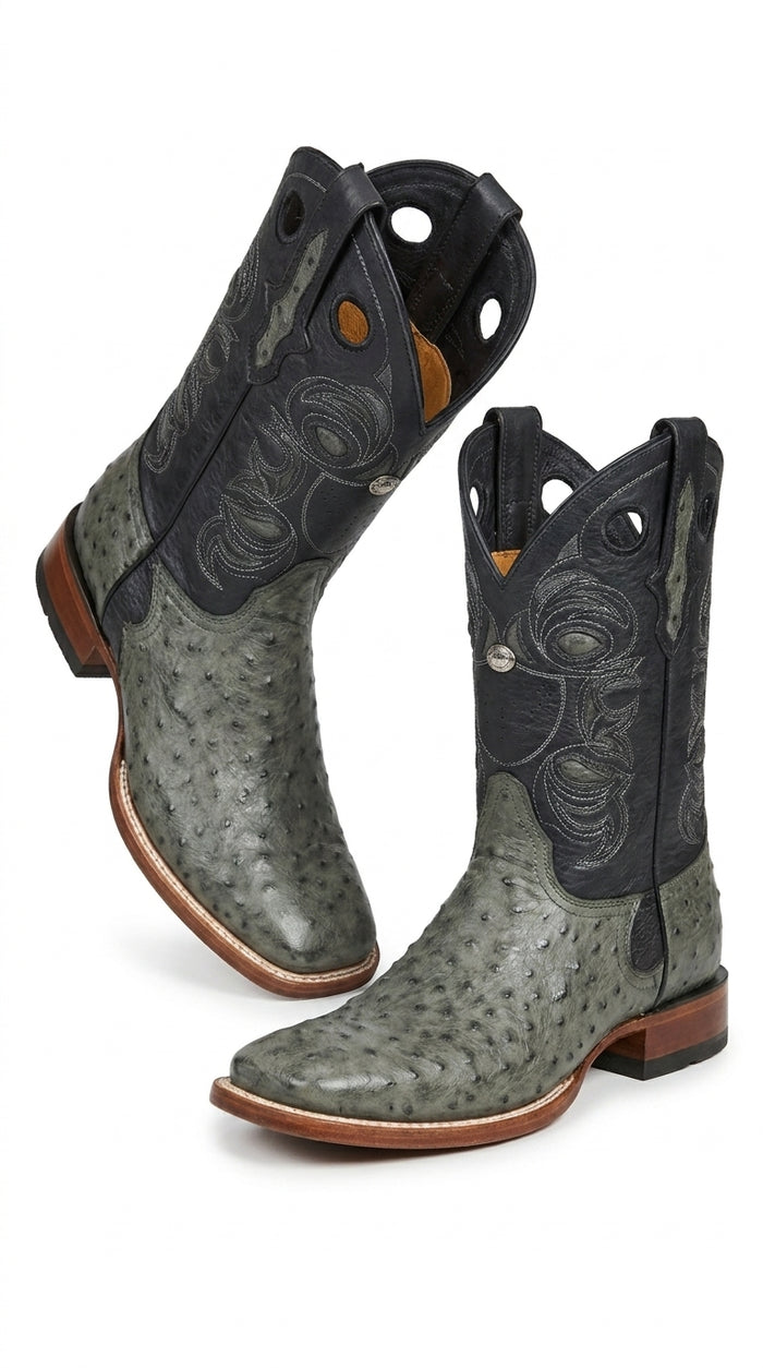 Los Altos Men’s Gray Genuine Ostrich Cowboy Boots – Square Toe Exotic Western Boots