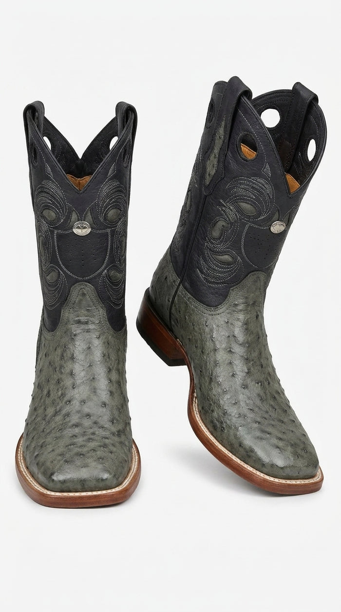 Los Altos Men’s Gray Genuine Ostrich Cowboy Boots – Square Toe Exotic Western Boots