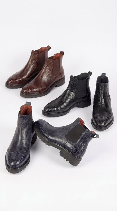 Lombardy Men’s Calfskin Crocodile Chelsea Boots – Tractor Sole Exotic Ankle Boots