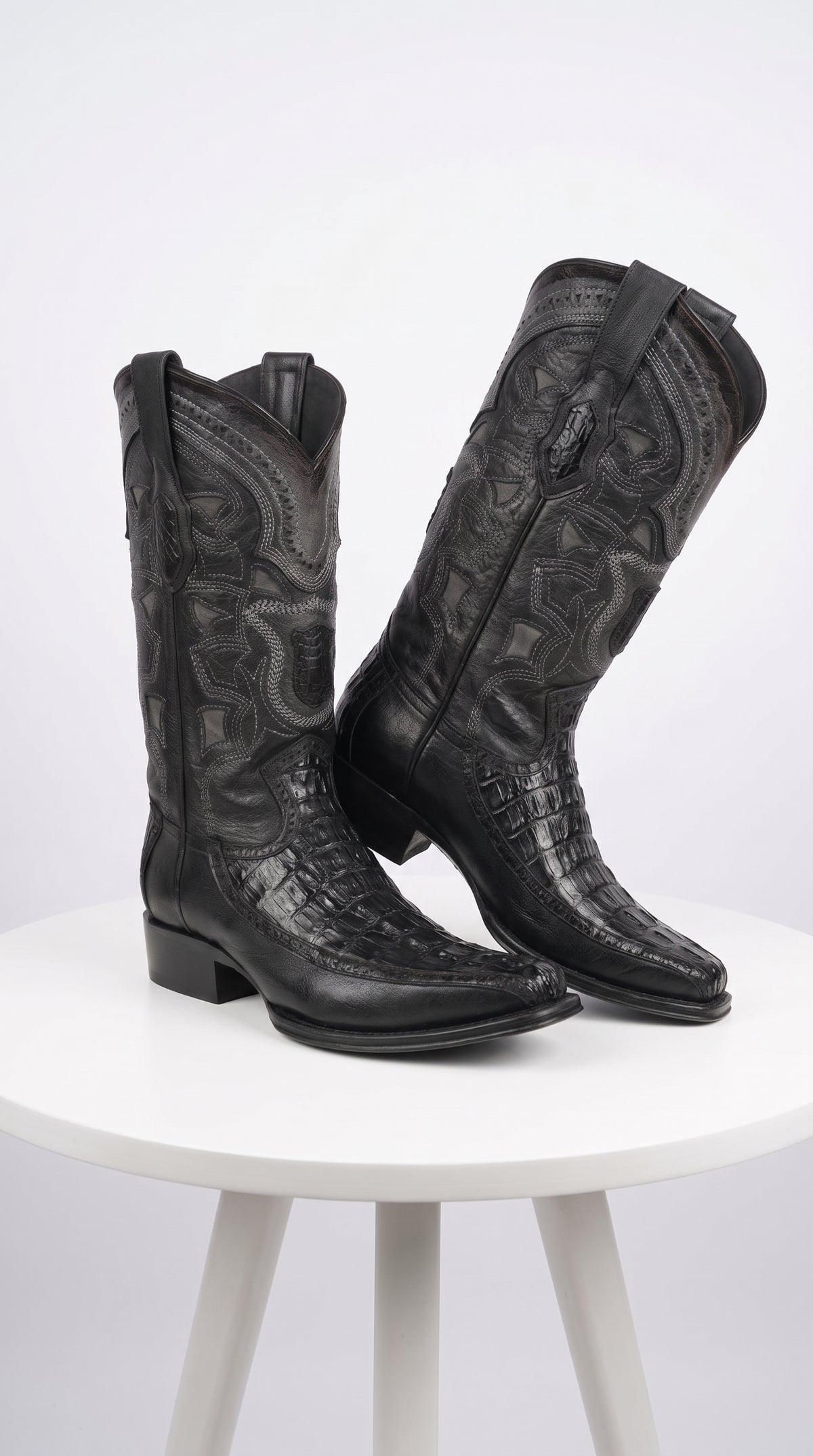 Men’s Black Caiman Crocodile and Deer Western Boots LAB-76F0105, European Toe Exotic Cowboy Dress Boots