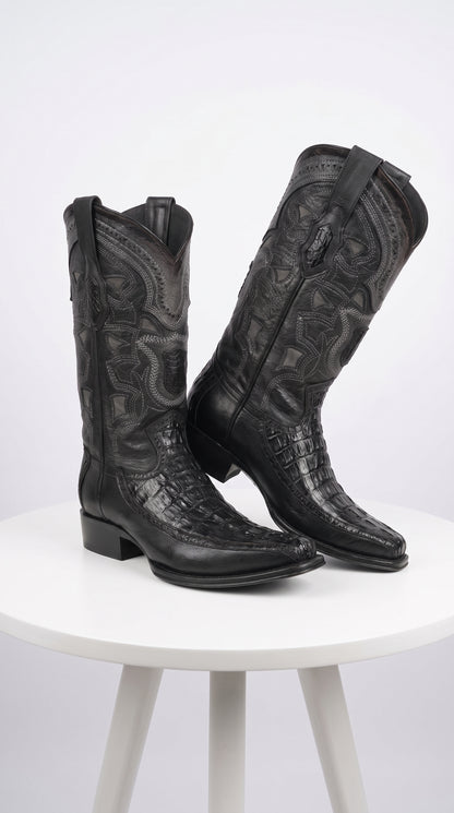 Men’s Black Caiman Crocodile and Deer Western Boots LAB-76F0105, European Toe Exotic Cowboy Dress Boots