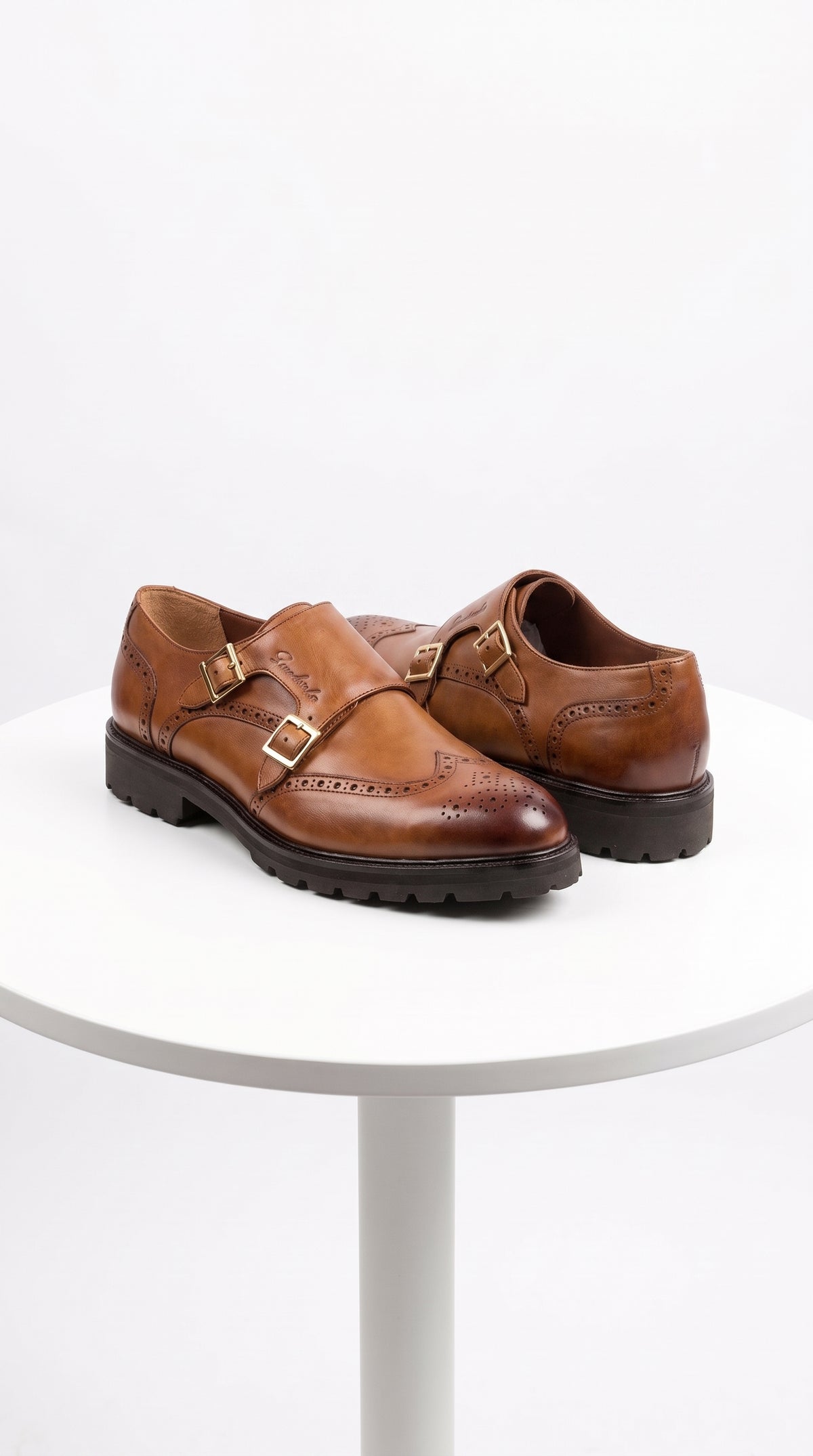 Lombardy Men’s Calfskin Wingtip Double Monk Strap Dress Shoes – Lug Sole