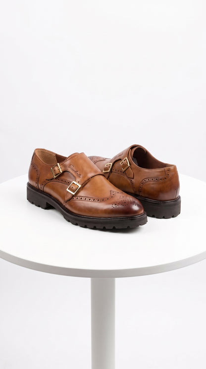 Lombardy Men’s Calfskin Wingtip Double Monk Strap Dress Shoes – Lug Sole