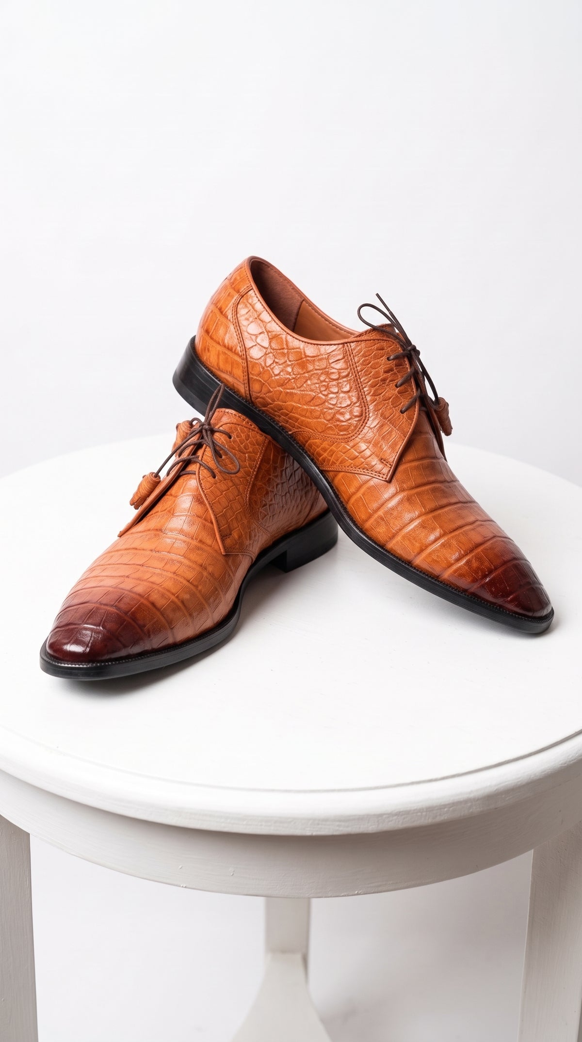 Los Altos Men’s Cognac All-Over Crocodile Lace-Up Shoes, Exotic Formal Dress Shoes
