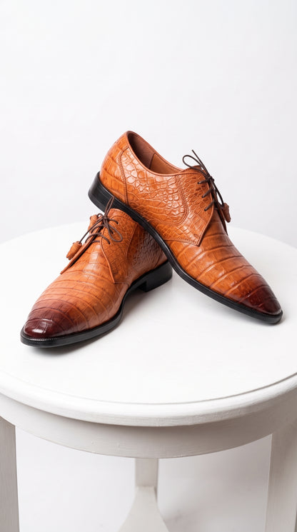 Los Altos Men’s Cognac All-Over Crocodile Lace-Up Shoes, Exotic Formal Dress Shoes
