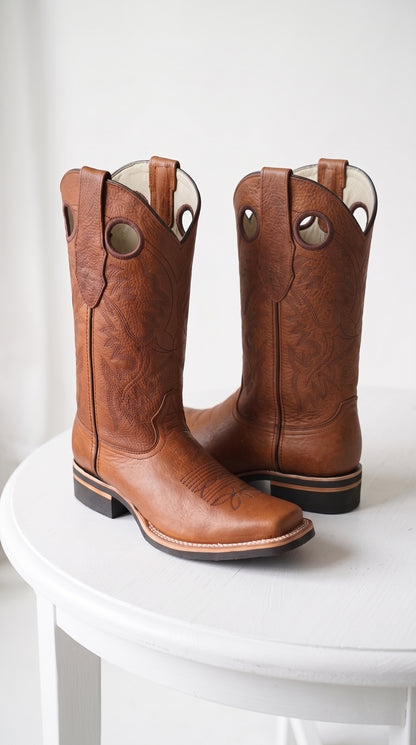 Los Altos Men’s Tan Leather Rodeo Boots, Western Cowboy Square Toe Boots