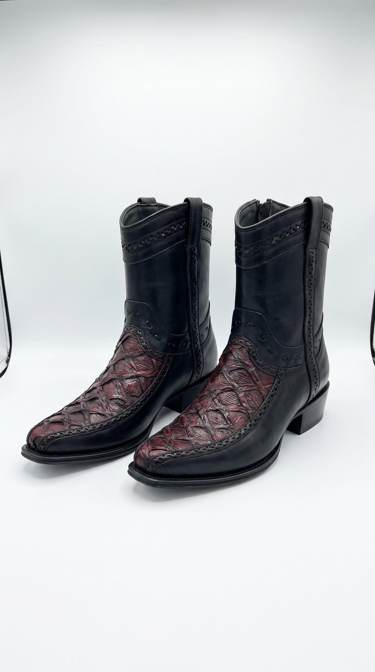 Los Altos Men's Genuine Monster Fish Skin Short Boots – Black Cherry Exotic Leather European Toe Western Cowboy Boots