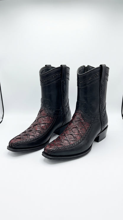 Los Altos Men's Genuine Monster Fish Skin Short Boots – Black Cherry Exotic Leather European Toe Western Cowboy Boots