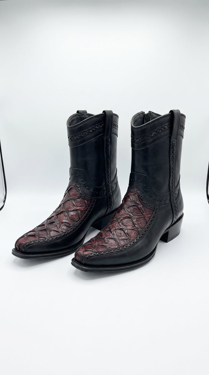 Los Altos Men's Genuine Monster Fish Skin Short Boots – Black Cherry Exotic Leather European Toe Western Cowboy Boots