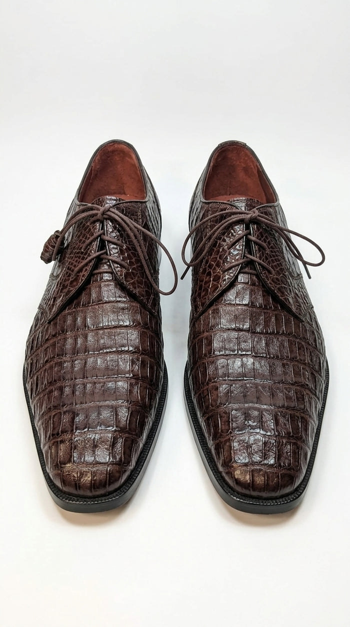 Men’s Los Altos Brown All-Over Crocodile Lace Up Dress Shoes, Exotic Formal Wedding Shoes
