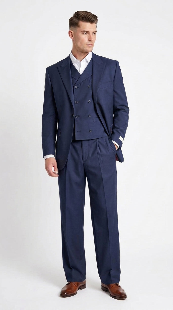 Tiglio Rosso Men’s Tan 3-Piece Italian Wool Suit – Classic Fit Peak Lapel Suit with Double-Breasted Vest and Pleated Wide-Leg Pants