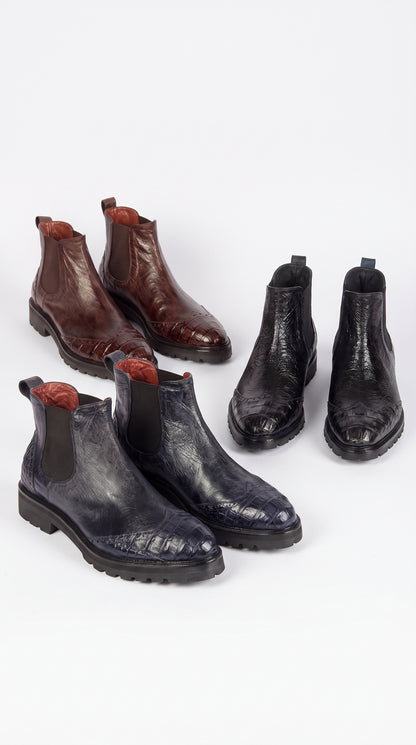 Lombardy Men’s Calfskin Crocodile Chelsea Boots – Tractor Sole Exotic Ankle Boots