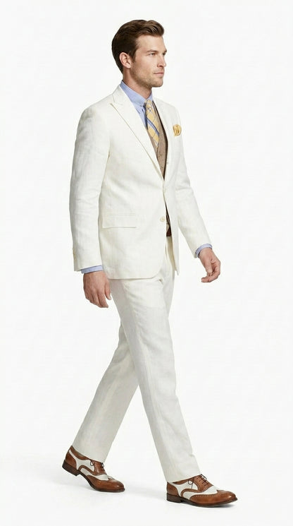 Men’s Ivory Great Gatsby Vested Suit with Brown Vest, Peak Lapel Vintage Wedding Suit