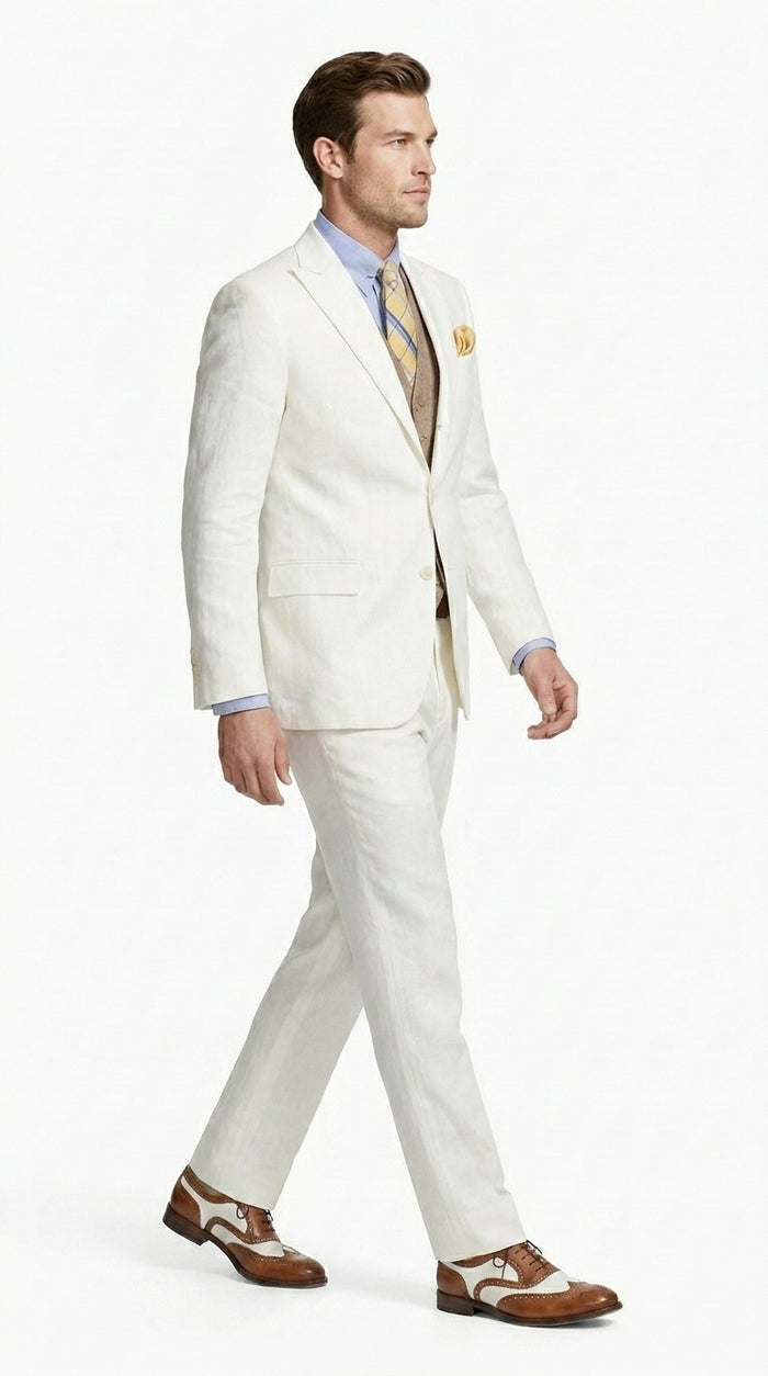 Men’s Ivory Great Gatsby Vested Suit with Brown Vest, Peak Lapel Vintage Wedding Suit