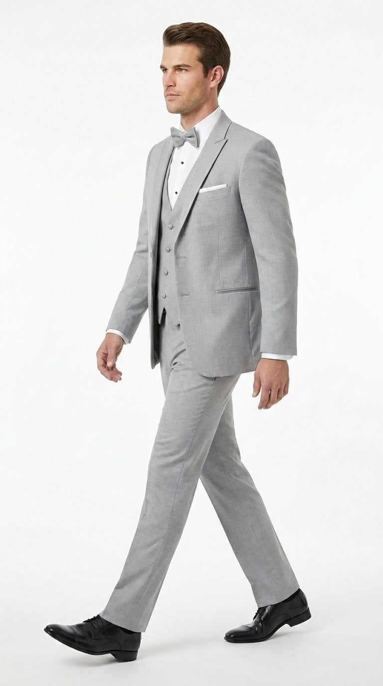 Men’s Light Grey Marseille 1 Button Peak Lapel Tuxedo with Satin Trim, Designer Wedding Suit