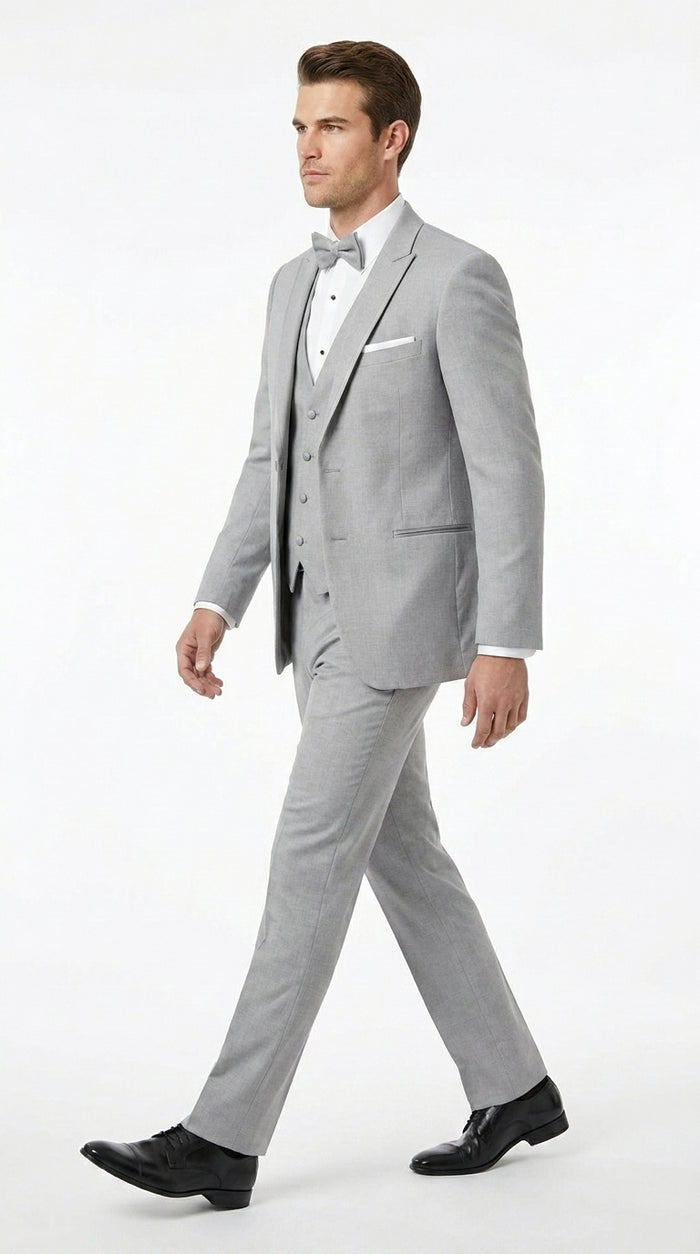 Men’s Light Grey Marseille 1 Button Peak Lapel Tuxedo with Satin Trim, Designer Wedding Suit