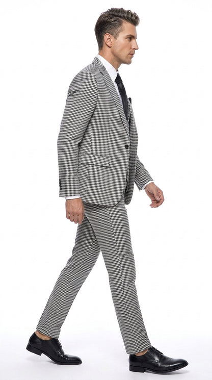 Men’s Black & White Houndstooth Check 3-Piece Pure Wool Suit with Double-Breasted Vest & Flat Front Pants