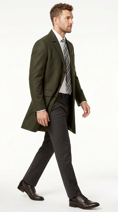 Men's Olive Green Wool Car Coat – Classic Mid-Length Three-Quarter Dress Overcoat for Men