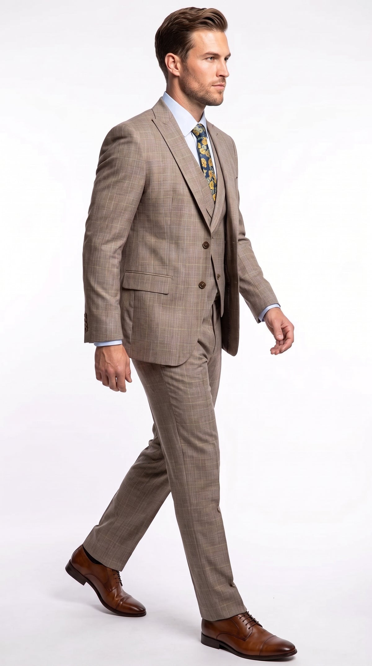 Men’s Tan Plaid 3 Piece Suit, 2 Button Vested Peak Lapel Formal Wedding Business Suit