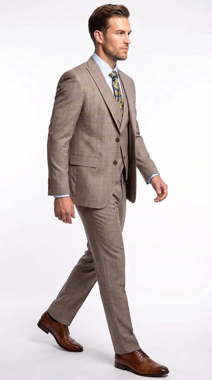 Men’s Tan Plaid 3 Piece Suit, 2 Button Vested Peak Lapel Formal Wedding Business Suit