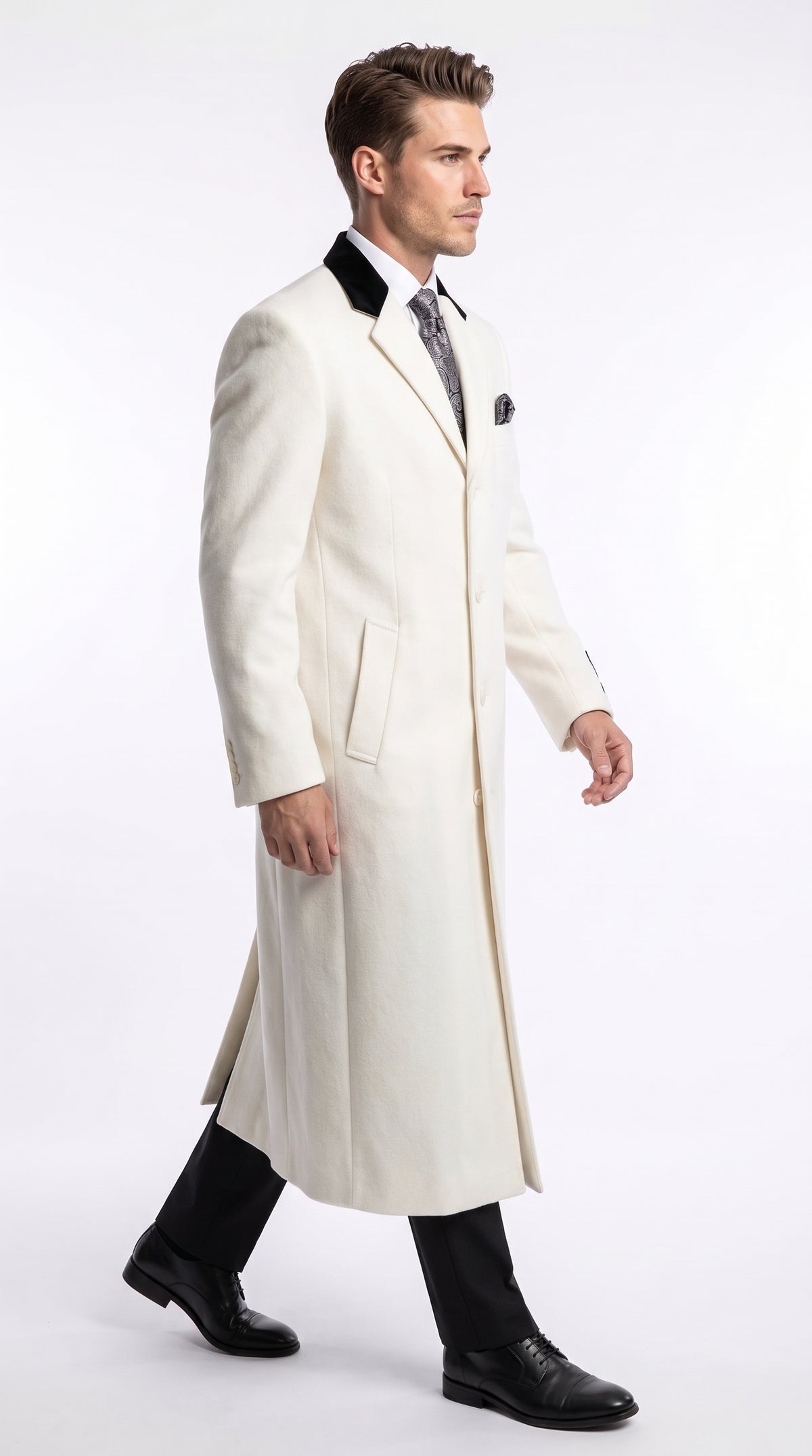 Men's White Cashmere Wool Chesterfield Full-Length Overcoat – Luxury Long Winter Dress Coat with Black Velvet Collar