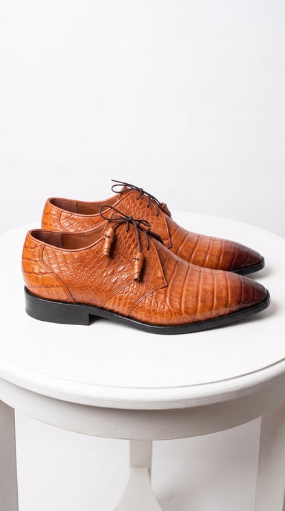 Los Altos Men’s Cognac All-Over Crocodile Lace-Up Shoes, Exotic Formal Dress Shoes