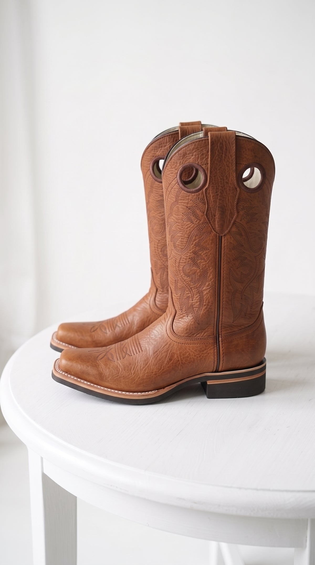 Los Altos Men’s Tan Leather Rodeo Boots, Western Cowboy Square Toe Boots