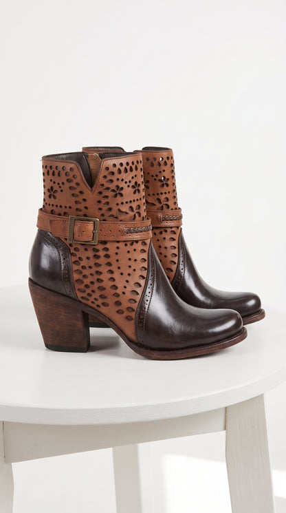 Women’s Brown Leather Short Boots, Oval Toe Ankle Boots with Buckle and Cutout Detail