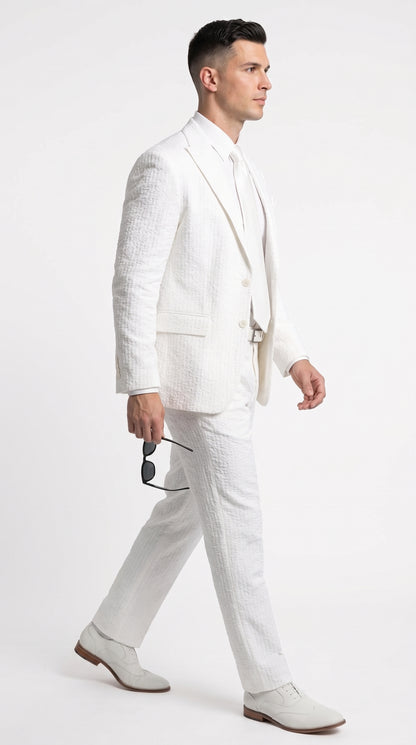Men’s Premium White Cotton Seersucker Stripe Suit – Lightweight Summer Wedding & Formal Suit