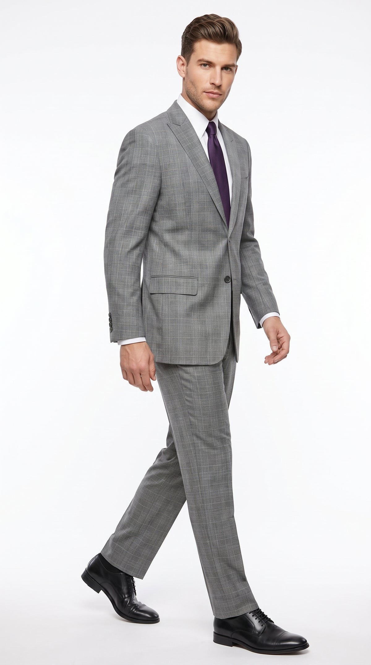 Men’s Grey Plaid 2 Button Suit, Modern Fit Peak Lapel Formal Wedding Business Suit