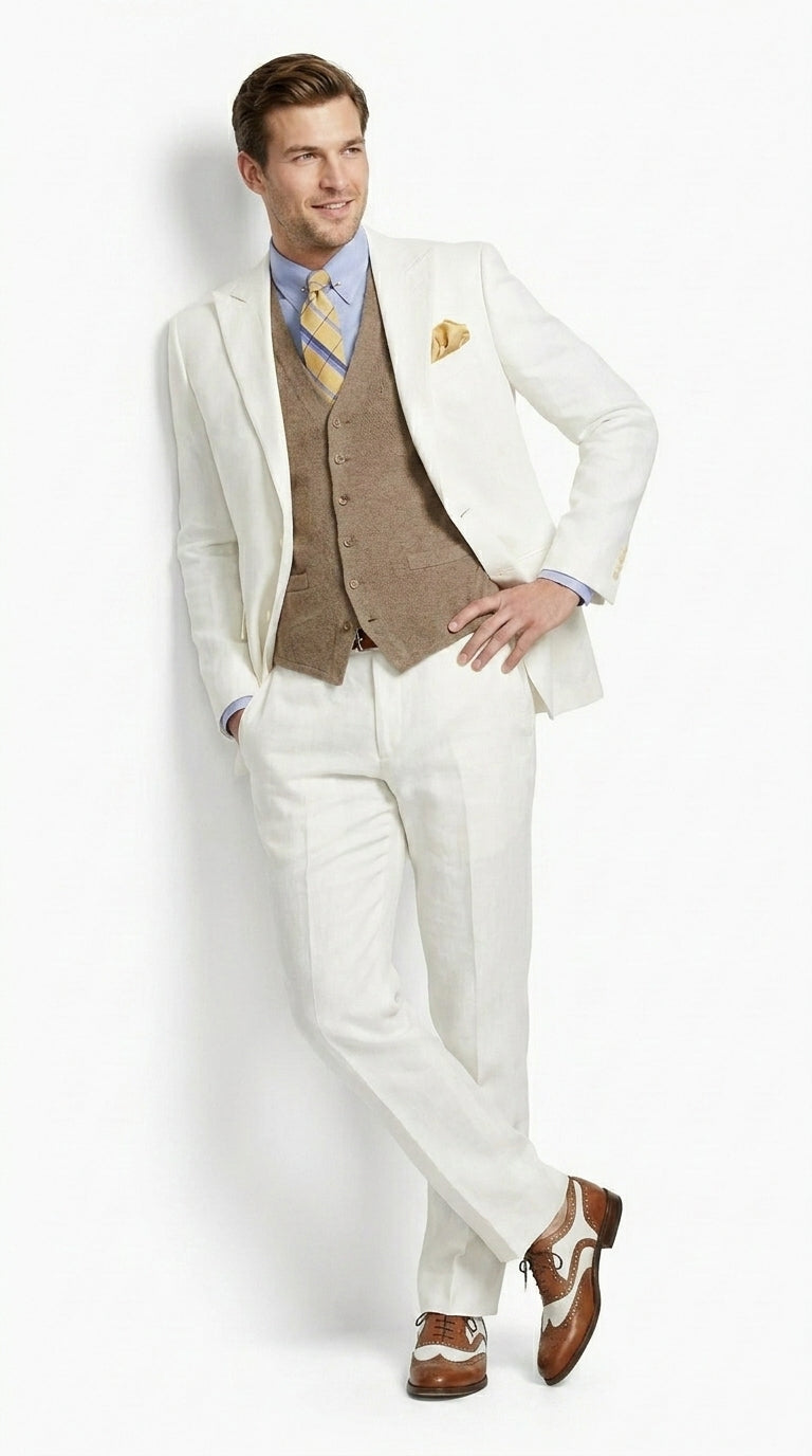 Men’s Ivory Great Gatsby Vested Suit with Brown Vest, Peak Lapel Vintage Wedding Suit