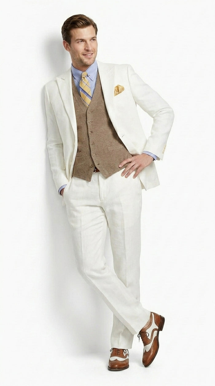 Men’s Ivory Great Gatsby Vested Suit with Brown Vest, Peak Lapel Vintage Wedding Suit