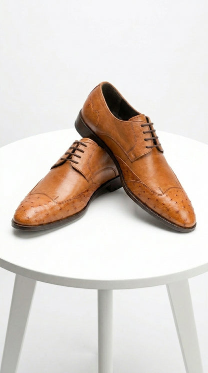 Men’s Cognac Vestigium Genuine Ostrich Derby Shoes, Handcrafted Full Leather Dress Shoes