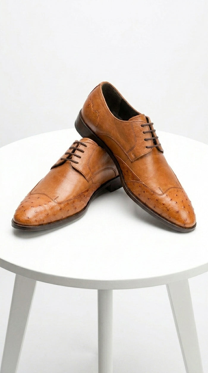Men’s Cognac Vestigium Genuine Ostrich Derby Shoes, Handcrafted Full Leather Dress Shoes