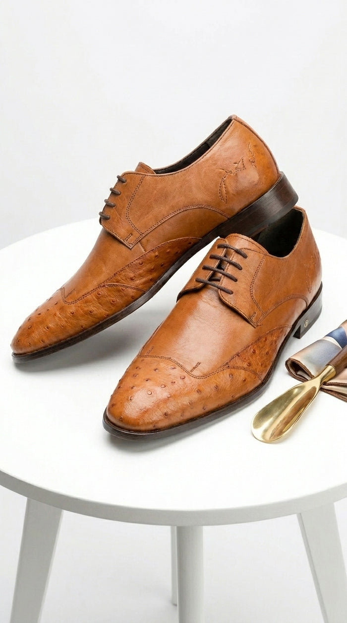 Men’s Cognac Vestigium Genuine Ostrich Derby Shoes, Handcrafted Full Leather Dress Shoes
