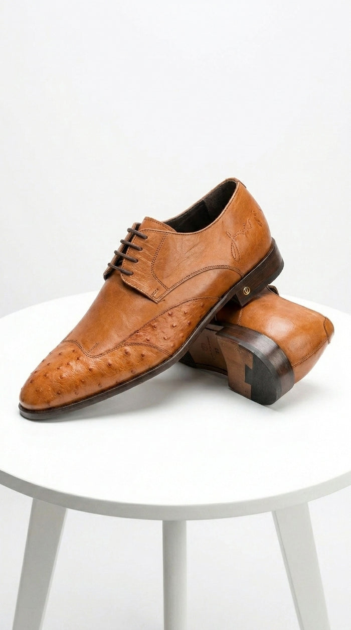 Men’s Cognac Vestigium Genuine Ostrich Derby Shoes, Handcrafted Full Leather Dress Shoes