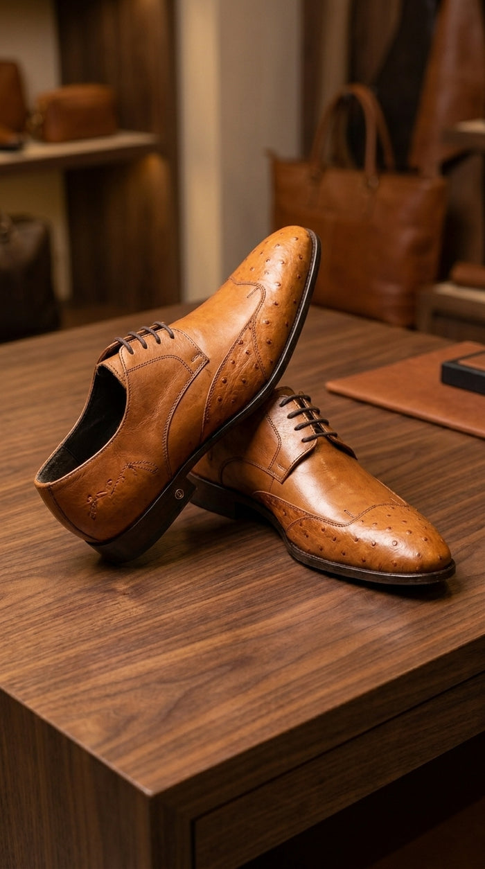 Men’s Cognac Vestigium Genuine Ostrich Derby Shoes, Handcrafted Full Leather Dress Shoes