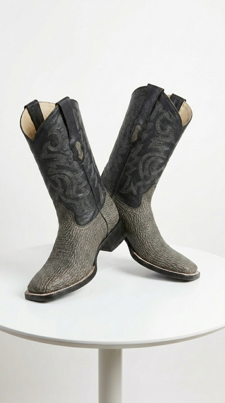 Men’s Los Altos Grey and Black Shark Skin Wide Square Toe Cowboy Boots, Exotic Western Dress Boots