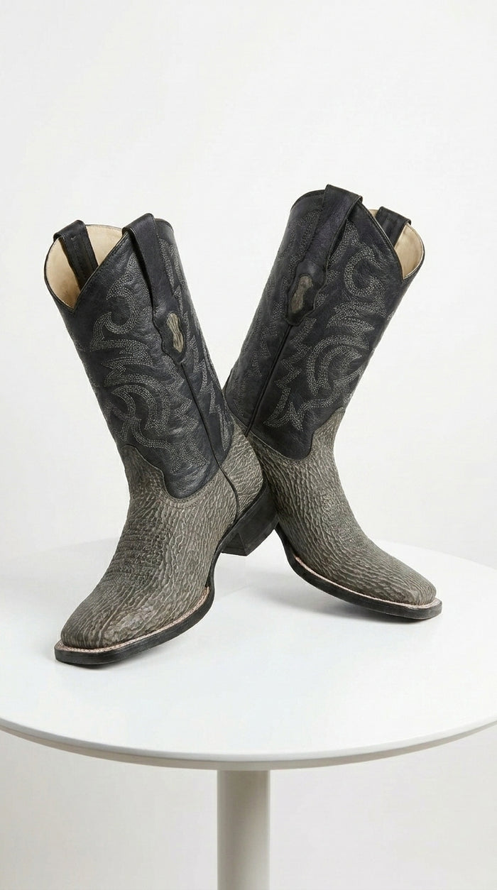 Men’s Los Altos Grey and Black Shark Skin Wide Square Toe Cowboy Boots, Exotic Western Dress Boots