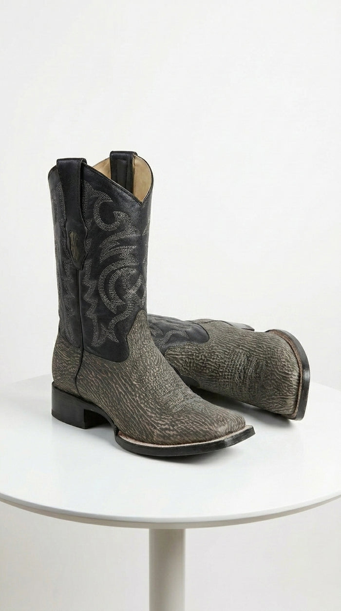 Men’s Los Altos Grey and Black Shark Skin Wide Square Toe Cowboy Boots, Exotic Western Dress Boots
