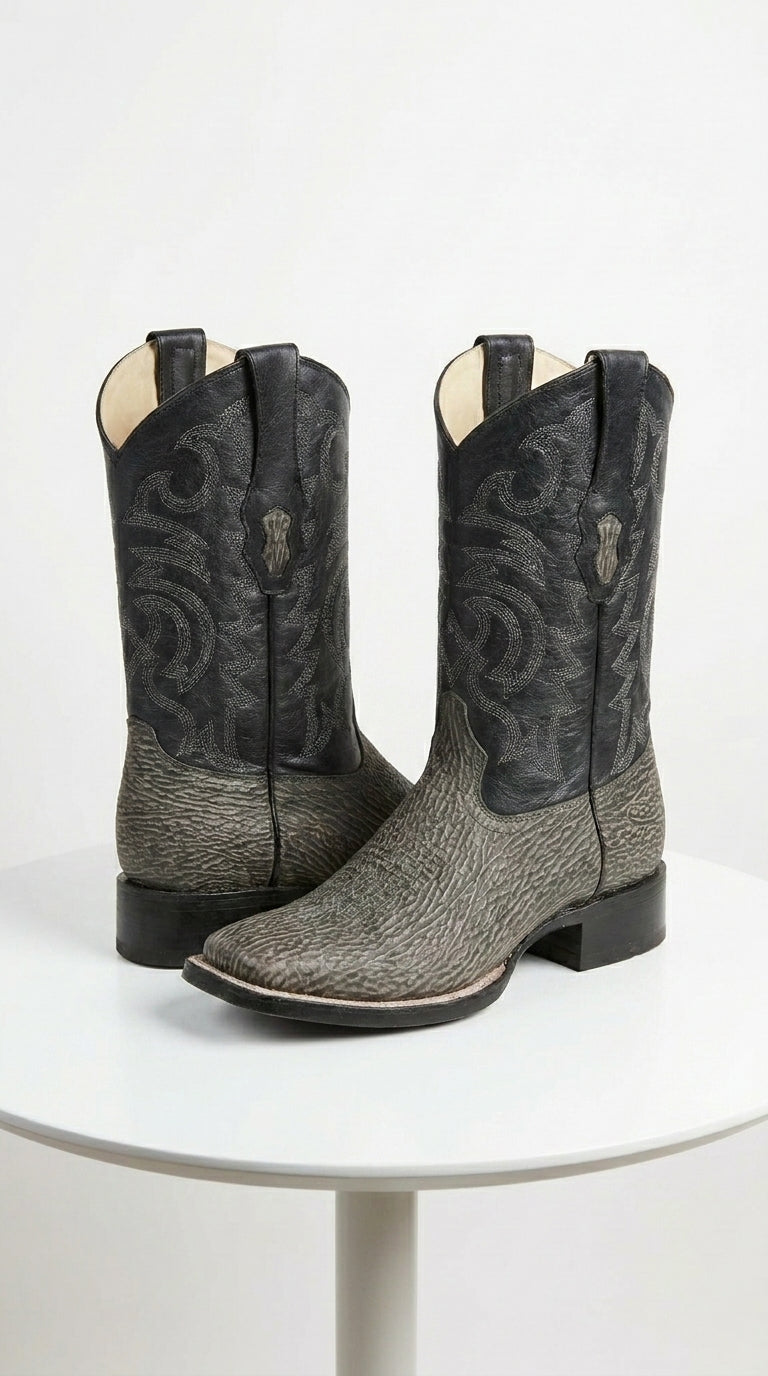 Men’s Los Altos Grey and Black Shark Skin Wide Square Toe Cowboy Boots, Exotic Western Dress Boots