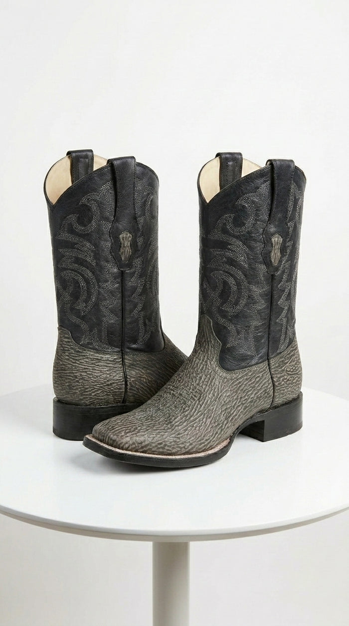Men’s Los Altos Grey and Black Shark Skin Wide Square Toe Cowboy Boots, Exotic Western Dress Boots