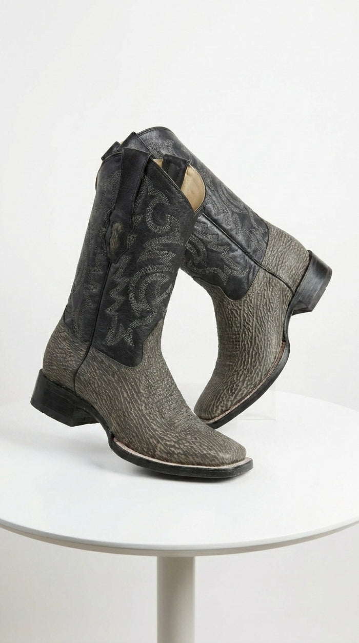Men’s Los Altos Grey and Black Shark Skin Wide Square Toe Cowboy Boots, Exotic Western Dress Boots