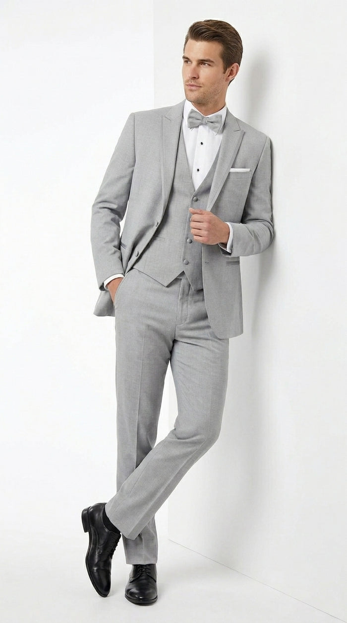 Men’s Light Grey Marseille 1 Button Peak Lapel Tuxedo with Satin Trim, Designer Wedding Suit