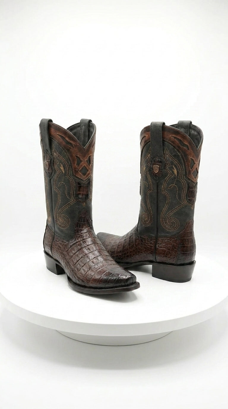 Men’s Brown Caiman Snip Toe Cowboy Boots with Embroidered Shaft, Exotic Western Dress Boots